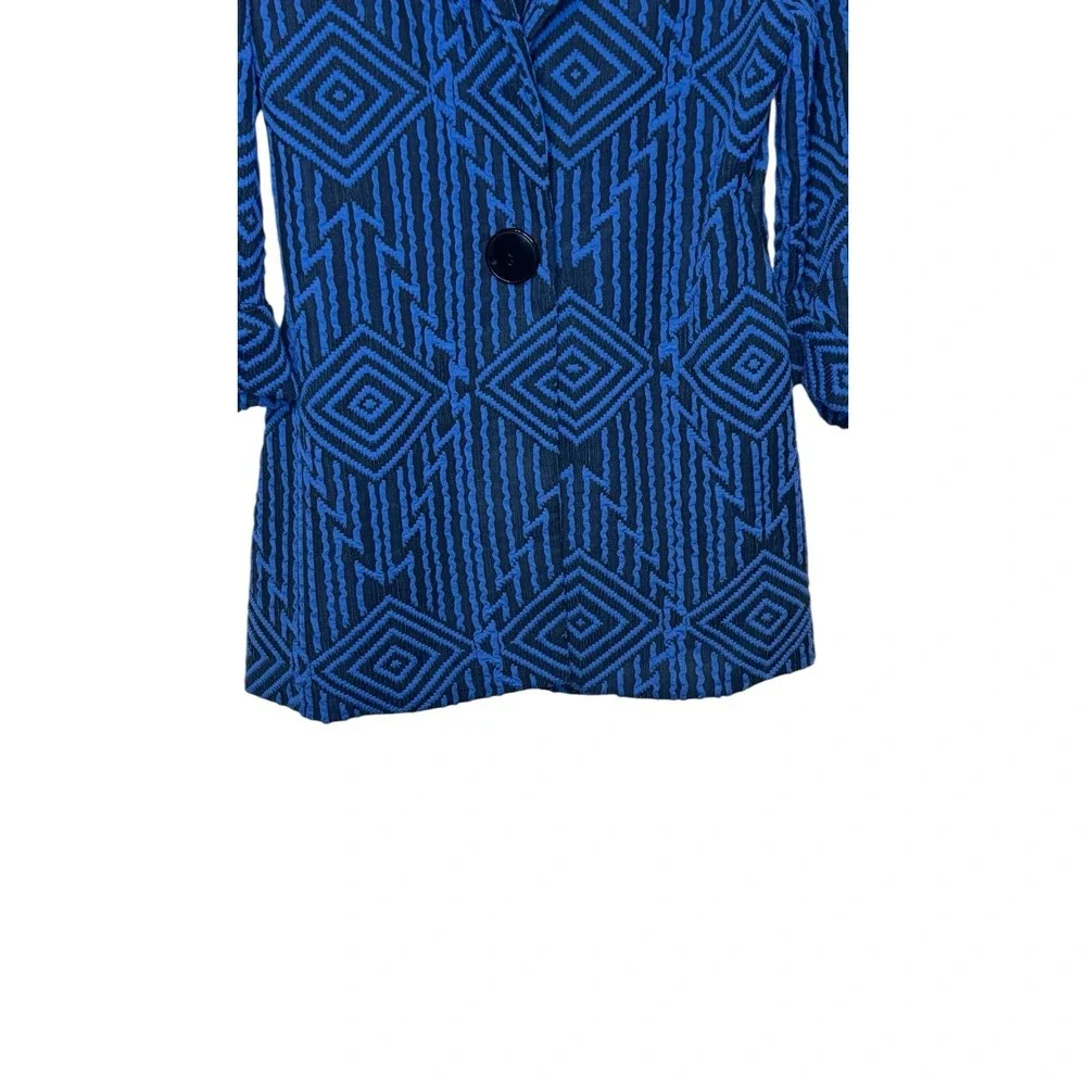 Luii Women's Jacket Textured Geometric Print‎ Big Button Mid Length Blue Medium
